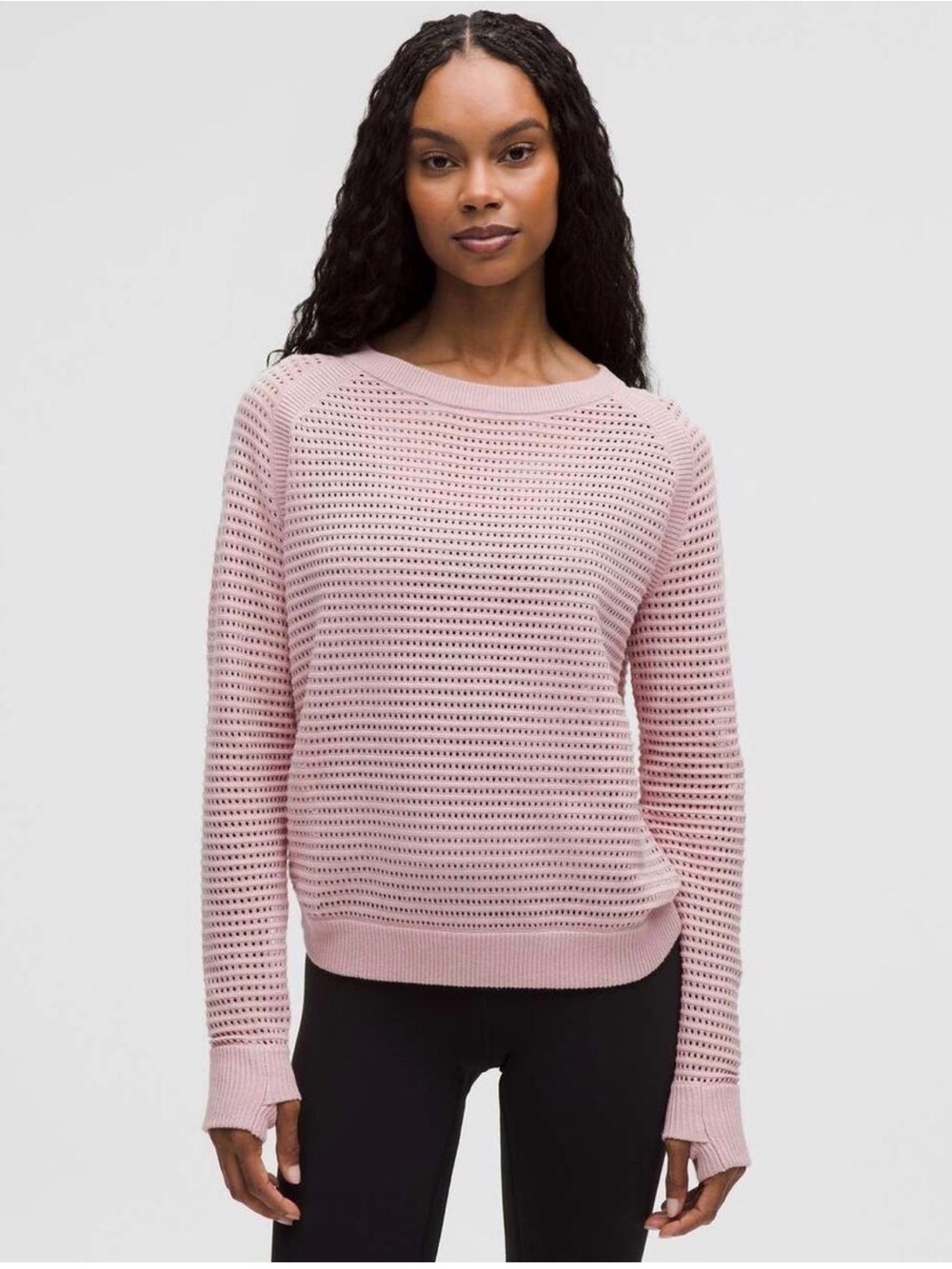 Lululemon Pointelle-Knit Cotton Sweater Pink Open Knit Long Sleeve Medium